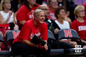 Nebraska alumni head coach Renee Saunders watches the acton on the court against the Nebraska Cornhuskers during the Nebraska alumni match on Saturday, Aug. 16, 2025 in Lincoln, Nebraska. Photo by John S. Peterson.