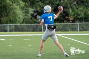 Cameron Leggett throws the ball during Millard North football practice on Saturday, August 16th, 2025 in Omaha, Nebraska. Photo by Brandon Tiedemann.