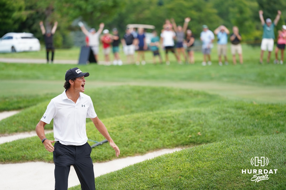 Christo Lamprecht celebrates sinking a chip shot out of the bunker to win the Pinnacle Bank Championship on Sunday, Aug. 10, 2025 in Elkhorn, Nebraska. Photo by Brandon Tiedemann.