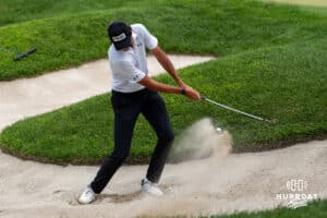 Christo Lamprecht sinks a chip shot out of the bunker to win the Pinnacle Bank Championship on Sunday, Aug. 10, 2025 in Elkhorn, Nebraska. Photo by Brandon Tiedemann.