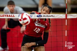 Nebraska Cornhusker Taylor Landfair (12) spikes the ball in the fourth set during the Red/White Scrimmage on Saturday, Aug. 9, 2025 in Lincoln, Nebraska. Photo by John S. Peterson.