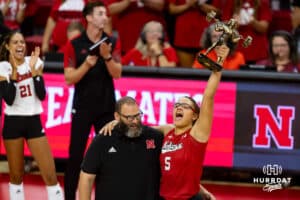 Nebraska Cornhusker strength coach Brian Kmitta presents Rebekah Allick (5) with the lifter award during the Red/White Scrimmage on Saturday, Aug. 9, 2025 in Lincoln, Nebraska. Photo by John S. Peterson.