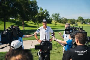 Christo Lamprecht being interviewed after winning the Pinnacle Bank Championship, Sunday, August 10th, 2025, in Omaha, Nebraska. Photo by Nick Barajas.