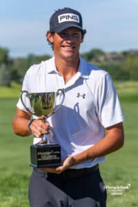 Christo Lamprecht poses for photos after his win during the Pinnacle Bank Championship on Sunday, Aug. 10, 2025, in Elkhorn, Nebraska. Photo by John S. Peterson.