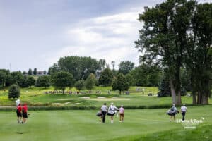 Peter Kuest, Robby Shelton, and Zack James group walk to the 15th green during the Pinnacle Bank Championship on Sunday, Aug. 10, 2025 in Elkhorn, Nebraska. Photo by John S. Peterson.