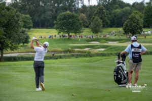 Robby Shelton drives the ball to the 15th green during the Pinnacle Bank Championship on Sunday, Aug. 10, 2025 in Elkhorn, Nebraska. Photo by John S. Peterson.