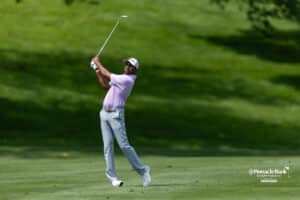 Sudarshan Yellamaraju hits the ball down the fareway during the Pinnacle Bank Championship on Sunday, Aug. 10, 2025 in Elkhorn, Nebraska. Photo by John S. Peterson.