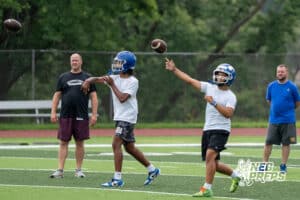 Elijah Cannon throws a pass during Omaha North football practice on August 11th, 2025 in Omaha Nebraska. Photo by Brandon Tiedemann.