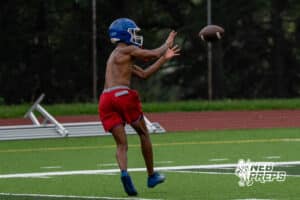 Darion Jones catches a pass during Omaha North football practice on August 11th, 2025 in Omaha Nebraska. Photo by Brandon Tiedemann.