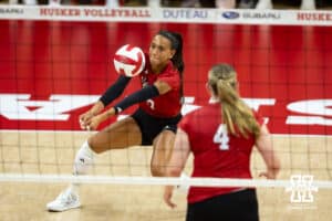 Nebraska Cornhusker Harper Murray (27) makes pass in the fourth set during the Red/White Scrimmage on Saturday, Aug. 9, 2025 in Lincoln, Nebraska. Photo by John S. Peterson.