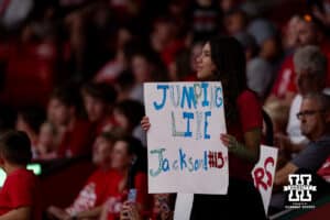 Nebraska Cornhusker fan hold a sign for Andi Jackson during the Red/White Scrimmage on Saturday, Aug. 9, 2025 in Lincoln, Nebraska. Photo by John S. Peterson.