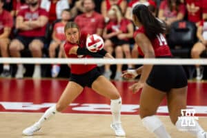 Nebraska Cornhusker Maisie Boesiger (7) passes the ball agianst the White team in the third set during the Red/White Scrimmage on Saturday, Aug. 9, 2025 in Lincoln, Nebraska. Photo by John S. Peterson.