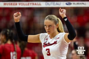 Nebraska Cornhusker Allie Sczech (3) celebrates a point against the Red team in the third set during the Red/White Scrimmage on Saturday, Aug. 9, 2025 in Lincoln, Nebraska. Photo by John S. Peterson.