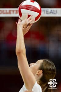 Nebraska Cornhusker Bergen Reilly (2) sets the ball in the third set during the Red/White Scrimmage on Saturday, Aug. 9, 2025 in Lincoln, Nebraska. Photo by John S. Peterson.
