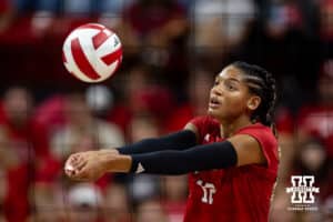 Nebraska Cornhusker Taylor Landfair (12) digs the ball against the White team in the third set during the Red/White Scrimmage on Saturday, Aug. 9, 2025 in Lincoln, Nebraska. Photo by John S. Peterson.