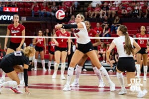 Nebraska Cornhusker Kenna Cogill (8) digs the ball against the Red team in the third set during the Red/White Scrimmage on Saturday, Aug. 9, 2025 in Lincoln, Nebraska. Photo by John S. Peterson.