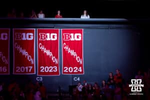 Nebraska Cornhuskers drop a banner celebrating the Big Ten Championship in the 2024 after the second set during the Red/White Scrimmage on Saturday, Aug. 9, 2025 in Lincoln, Nebraska. Photo by John S. Peterson.