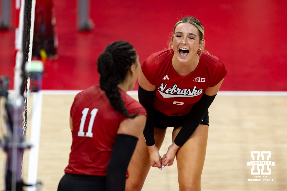Nebraska Volleyball Scrimmage | 2025-08-09 Nebraska Cornhusker Kenna Cogill (8) celebrates a point with Teraya Sigler (11) during the Red/White Scrimmage on Saturday, Aug. 9, 2025 in Lincoln, Nebraska. Photo by John S. Peterson.
