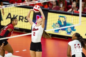 Nebraska Cornhusker Bergen Reilly (2) sets the ball for Manaia Ogbechie (14) in the second set during the Red/White Scrimmage on Saturday, Aug. 9, 2025 in Lincoln, Nebraska. Photo by John S. Peterson.