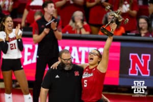 Nebraska Cornhusker strength coach Brian Kmitta presents Rebekah Allick (5) with the lifter award during the Red/White Scrimmage on Saturday, Aug. 9, 2025 in Lincoln, Nebraska. Photo by John S. Peterson.
