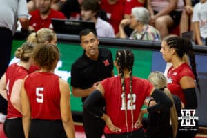 Nebraska Cornhusker assistant coach Jaylen Reyes talks to the Red team during the Red/White Scrimmage on Saturday, Aug. 9, 2025 in Lincoln, Nebraska. Photo by John S. Peterson.