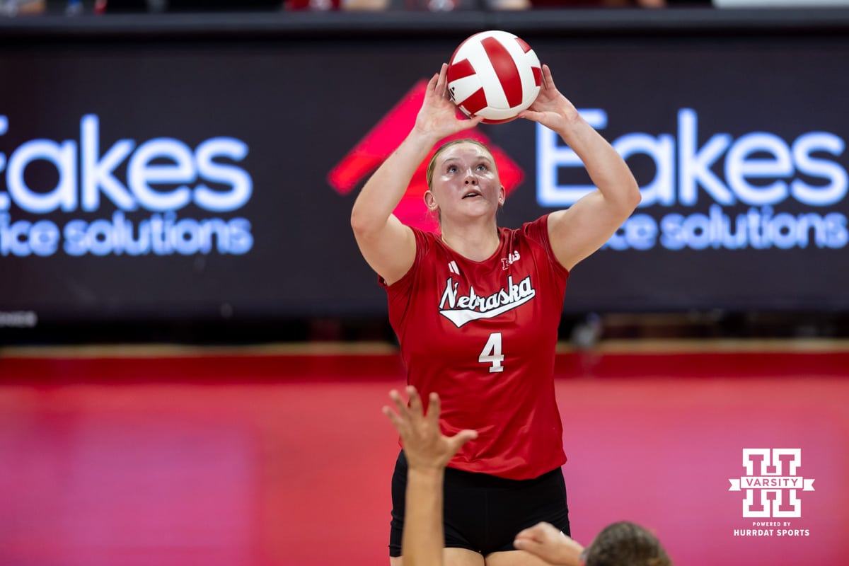 Nebraska Cornhusker Campbell Flynn (4) set the ball in th first set during the Red/White Scrimmage on Saturday, Aug. 9, 2025 in Lincoln, Nebraska. Photo by John S. Peterson.