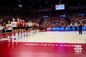 Nebraska Cornhuskers standing for the National Anthem before the Red/White Scrimmage on Saturday, Aug. 9, 2025 in Lincoln, Nebraska. Photo by John S. Peterson.