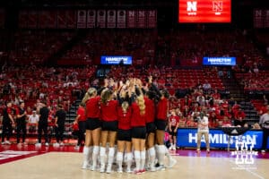 Nebraska Cornhuskers huddle up before the Red/White Scrimmage on Saturday, Aug. 9, 2025 in Lincoln, Nebraska. Photo by John S. Peterson.