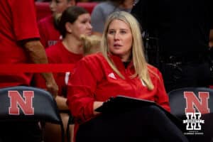 Nebraska Cornhusker head coach Dani Busboom watching warm-up before the Red/White Scrimmage on Saturday, Aug. 9, 2025 in Lincoln, Nebraska. Photo by John S. Peterson.