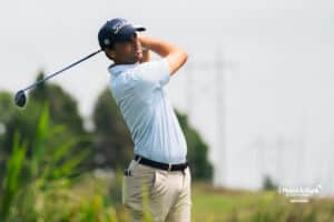 Derek Bard tees off during the Pinnacle Bank Championship, Saturday, August 9th, 2025, in Omaha, Nebraska. Photo by Nick Barajas.