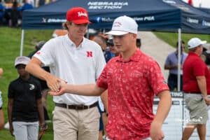 Evan McDermott high-fives during The Pinnacle Bank Championship on August 9th, 2025, in Omaha, Nebraska. Photo by Brandon Tiedemann.