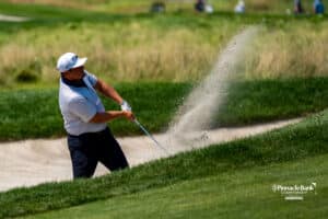 Alex Schaake hits out of the bunker during The Pinnacle Bank Championship on August 8th, 2025, in Omaha, Nebraska. Photo by Brandon Tiedemann.