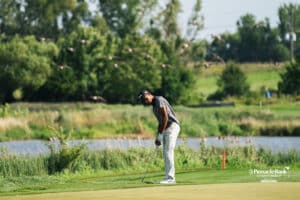 Rudy Sautron chips the ball as birds flock during the Pinnacle Bank Championship, Friday, August 8th, 2025, in Omaha, Nebraska. Photo by Nick Barajas.