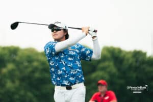 Kim S.H. tees off during the Pinnacle Bank Championship golf tournament Thursday, August 7th, 2025, in Omaha, Nebraska. Photo by Nick Barajas.
