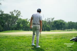 Austin Greaser approaches his shot during the Pinnacle Bank Championship golf tournament Thursday, August 7th, 2025, in Omaha, Nebraska. Photo by Nick Barajas.