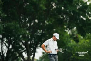 Adrien Dumont De Chassart looks at his notes during the Pinnacle Bank Championship golf tournament Thursday, August 7th, 2025, in Omaha, Nebraska. Photo by Nick Barajas.