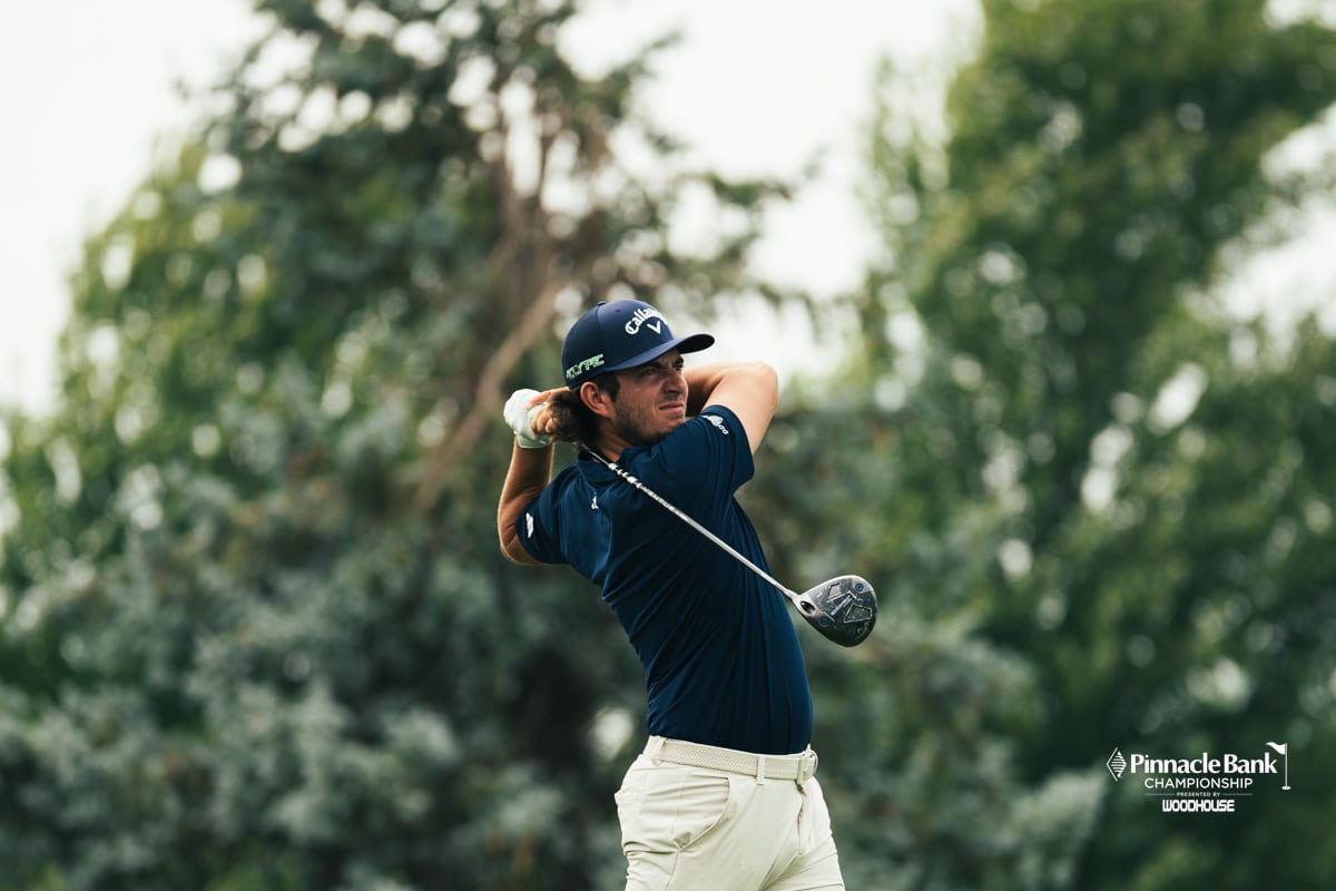 Brendan Valdez tees off during the Pinnacle Bank Championship golf tournament Thursday, August 7th, 2025, in Omaha, Nebraska. Photo by Nick Barajas.