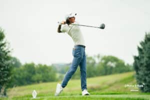 Ross Steelman tees off during the Pinnacle Bank Championship golf tournament Thursday, August 7th, 2025, in Omaha, Nebraska. Photo by Nick Barajas.