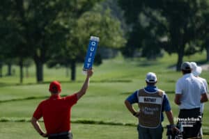 Volunteer holds a quiet please sign during The Pinnacle Bank Championship on August, 7th, 2025 in Omaha Nebraska. Photo by Brandon Tiedemann.