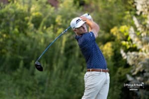 A golfer drives the ball during The Pinnacle Bank Championship on August, 7th, 2025 in Omaha Nebraska. Photo by Brandon Tiedemann.