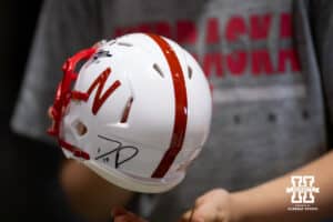 Nebraska Cornhusker Dylan Raiola (15) signed helmet during Nebraska’s football Fan Day on Saturday, Aug. 2, 2025 in Lincoln, Nebraska. Photo by John S. Peterson.