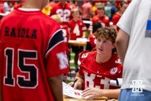 Nebraska Cornhusker Archie Wilson (83) signs an autograph during Nebraska’s football Fan Day on Saturday, Aug. 2, 2025 in Lincoln, Nebraska. Photo by John S. Peterson.