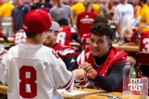 Nebraska Cornhusker Dylan Raiola (15) hands back a shoe after signing it during Nebraska’s football Fan Day on Saturday, Aug. 2, 2025 in Lincoln, Nebraska. Photo by John S. Peterson.