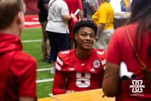 Nebraska Cornhusker DeShon Singleton (8) talks to the fans during Nebraska’s football Fan Day on Saturday, Aug. 2, 2025 in Lincoln, Nebraska. Photo by John S. Peterson.