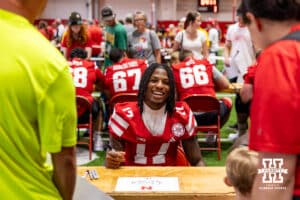 Nebraska Cornhusker Jacory Barney Jr. (17) talks to the fans during Nebraska’s football Fan Day on Saturday, Aug. 2, 2025 in Lincoln, Nebraska. Photo by John S. Peterson.
