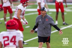 Nebraska Cornhusker associate head coah Phil Snowduring working with the player during Nebraska’s football open scrimmage on Saturday, Aug. 2, 2025 in Lincoln, Nebraska. Photo by John S. Peterson.