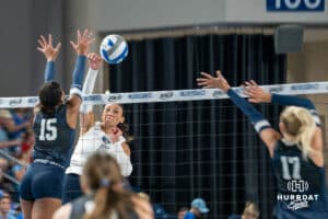 Creighton Bluejay Jaya Johnson (#6) splits the defenders during a volleyball game against Butler on Saturday, September 24th, 2025 in Omaha, Nebraska. Photo by Brandon Tiedemann.