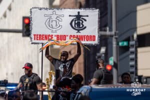 Terence “Bud” Craword holds up his Ring Magazine belt during the Terence Crawford celebration parade on Saturday, September 24th, 2025 in Omaha, Nebraska. Photo by Brandon Tiedemann.