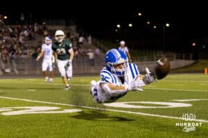 Badger reciever Lane Molacek (25) dives for a bobbled pass during a High School Football game, Friday, September 26th, 2025, Gretna, Nebraska. Photo by Braden Cochran.