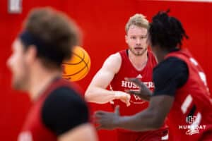 Nebraska Cornhusker Rienk Mast (51) makes a pass to Justin Bolis (7) during basketball practice on Tuesday, September 23, 2025, in Lincoln, Nebraska. Photo by John S. Peterson.
